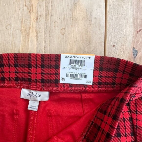 NWT Style & Co Red Black Plaid Pencil Leggings Pockets Mid Rise S - Picture 2 of 6